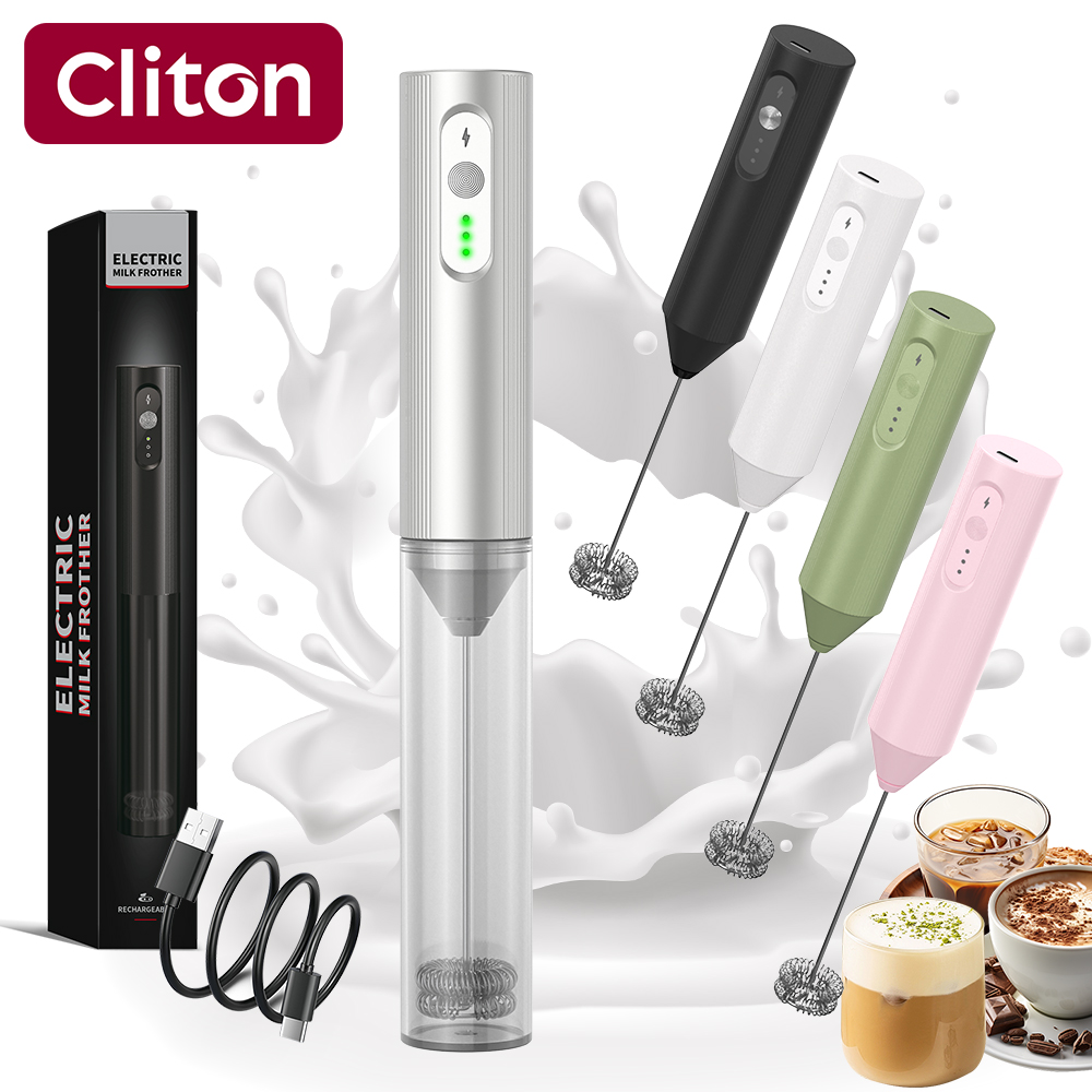 Electric Milk Frother Handheld - Cliton Elektroplaterowany Srebrny USB-C Ładowalny 3-biegowy