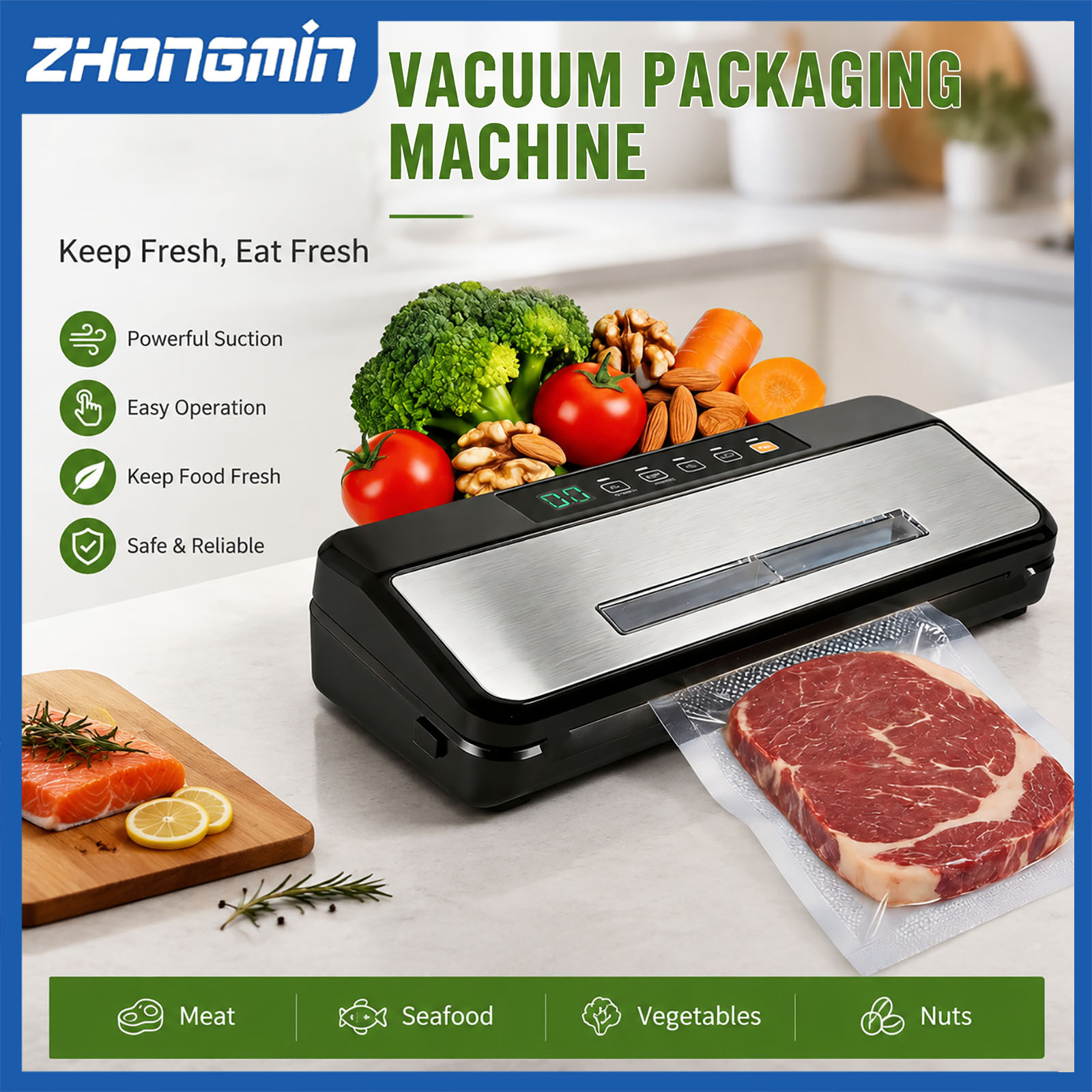 Food Vacuum Sealer Machine - Wielofunkcyjna zgrzewarka próżniowa ZHONGMIN 110V, automatyczna